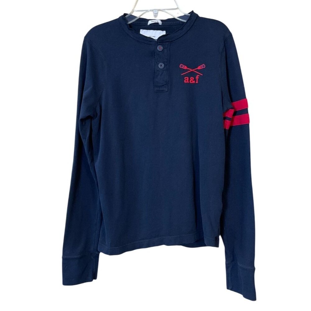Abercrombie Kids Navy LS Henley Muscle Fit Embroidered Logo Striped Sleeve XL